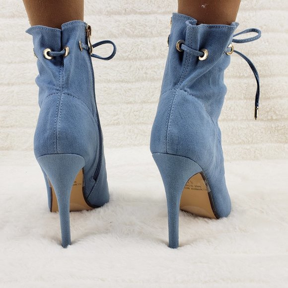 Denim Drawstring Open Toe High Heel Ankle Boots - Picture 5 of 9